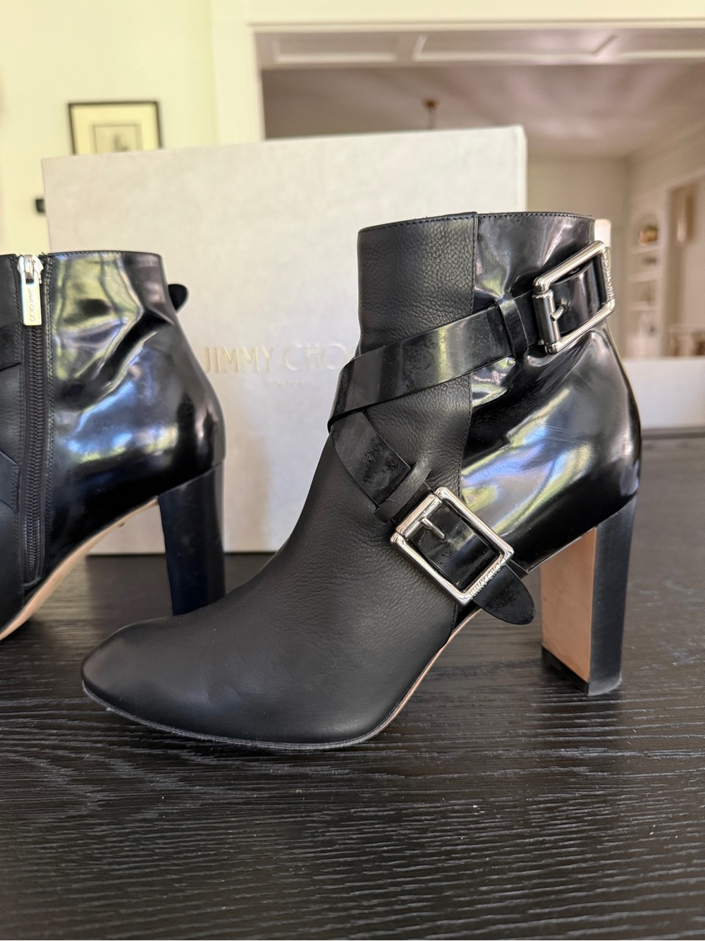 Jimmy Choo Black Leather Buckle Strap Ankle Boots